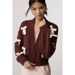 NWT!! Anthropologie MAEVE The Alicia 3D Bow Cropped Cardigan Dark Wine One Size